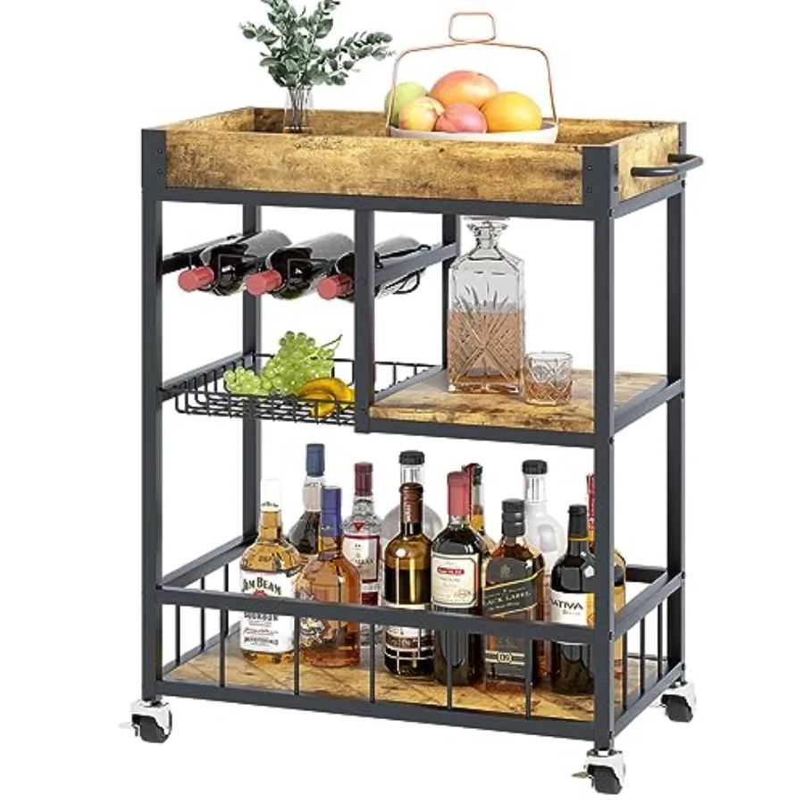 

Bar Cart 3 Tiers Home Rolling Wine Rack Wheels Mobile Kitchen Industrial Vintage Style Wood Metal Serving Trolley Serving Cart,
