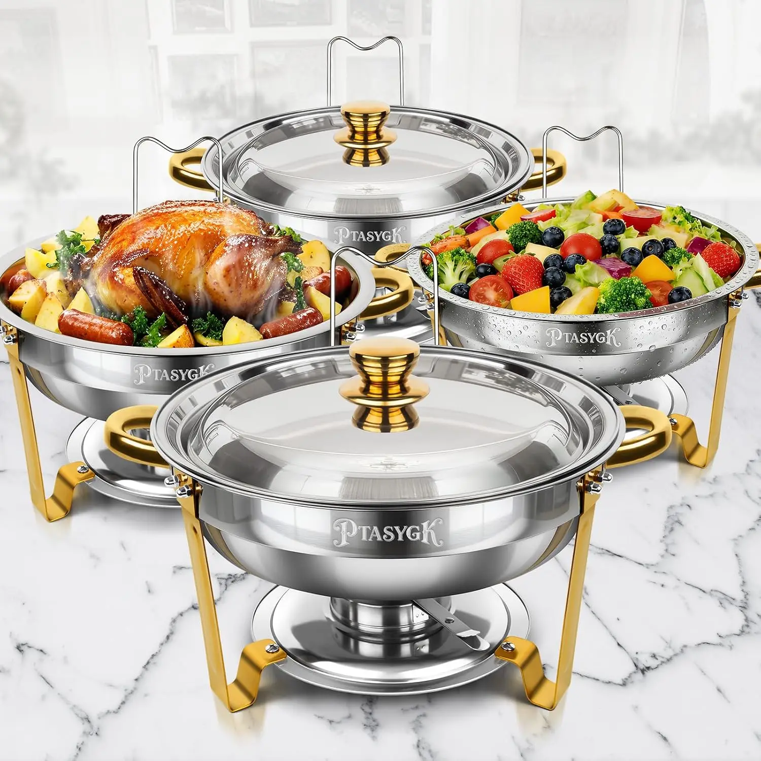 Buffet Chafing Dishes 4 Pack 5QT Gold Round Warmer with Lid Holder & Stackable Design for Home Parties & Catering