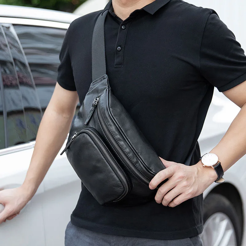 Imagem -06 - Bolsa de Cintura dos Homens Preto Moda Couro Genuíno Chest Pack Belt Bolsa para Adolescente Impermeável Homens Fanny Pack Novo