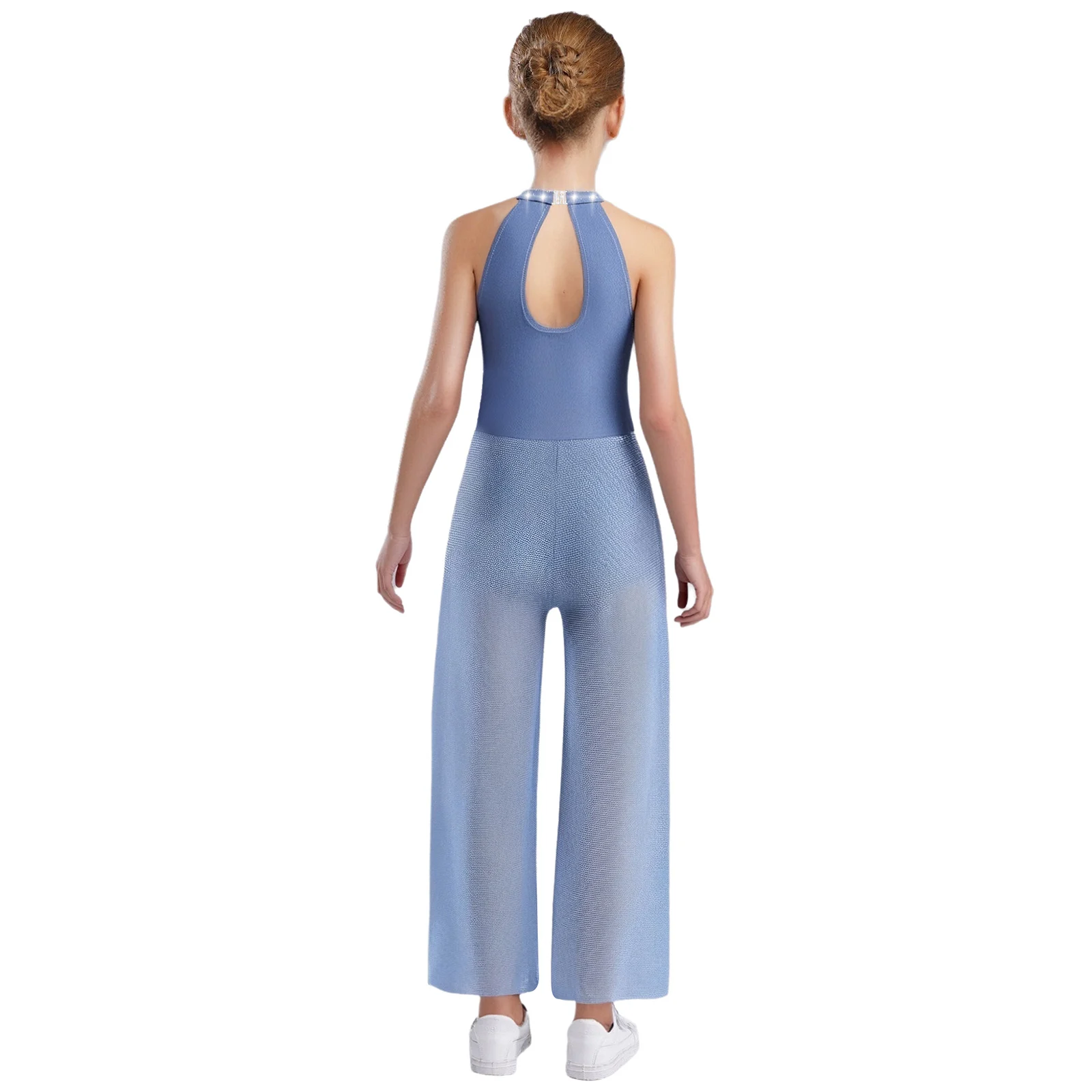 Kids Girls Jazz Dance Bodysuit Shimmery Rhinestone Sleeveless Keyhole Back Sides Split Wide-Leg Jumpsuit with Built-in Briefs
