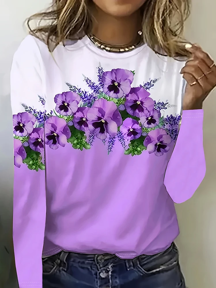 

2025 New Fall/Winter Daily Women's Casual Top 3D Flower Print Women's Long-Sleeved T-Shirt Street Urban Fashion T-Shirt