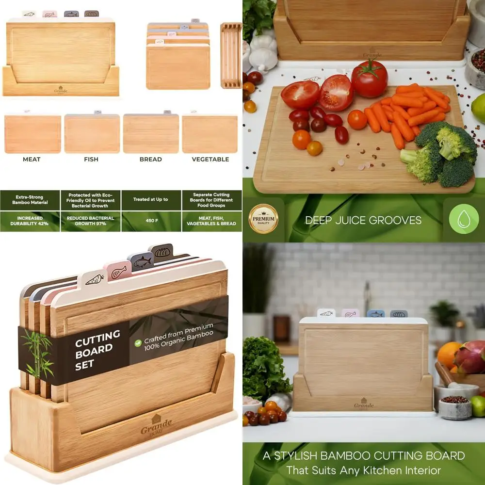 

Natural Bamboo Cutting Board Set - 5-Piece Kitchen Chopping Boards with Juice Groove for Vegetables, Meat, Fish, Bread