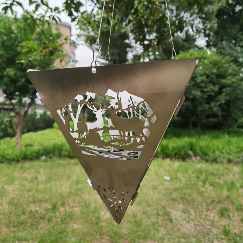 Stainless Steel Bonfire Hanging Stove Relaxing Elk Pattern Triangular Wood-fired Stove Multifunctional Camp Cooking Supplies