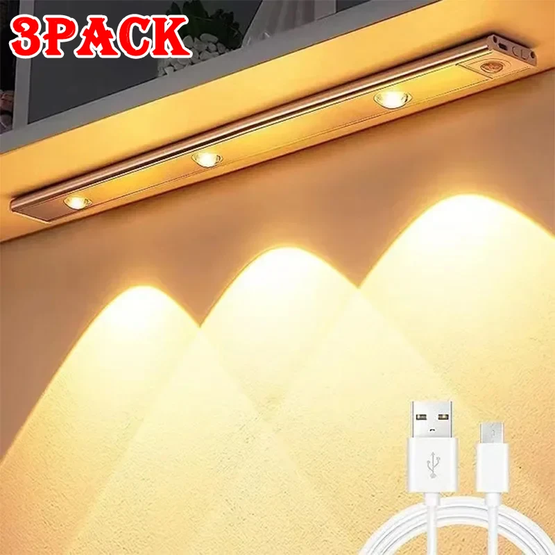1-3Pcs Motion Sensor LED Night Light 3 Color USB Rechargeable Night Lamp Cabinet Wardrobe Lamp Staircase Wireless Closet Light