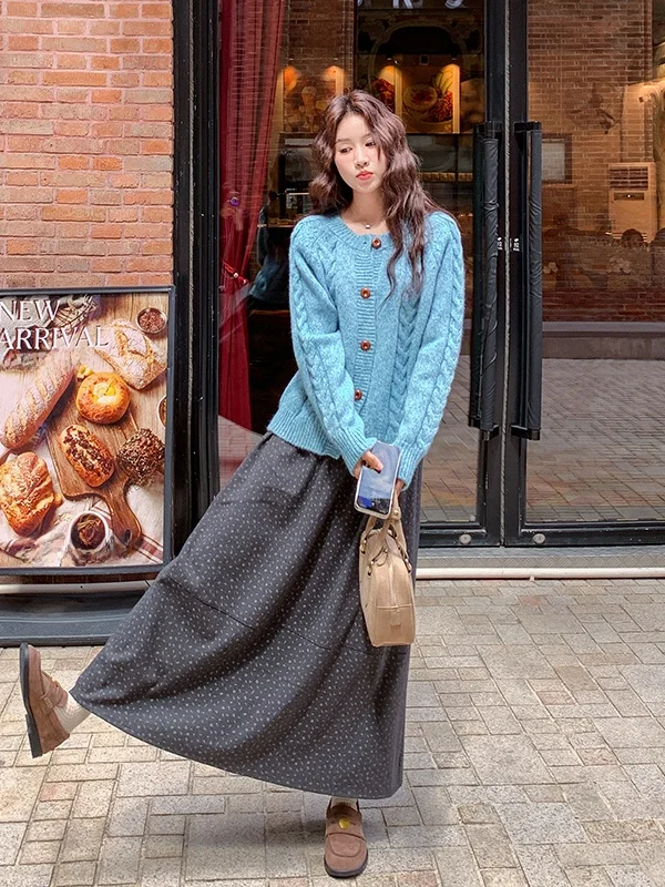 

Chic Knitted Print Skirt Set Women's Autumn Winter College Sle Agel Two Piece Suit High Waist Knitted Top Casual Ou...