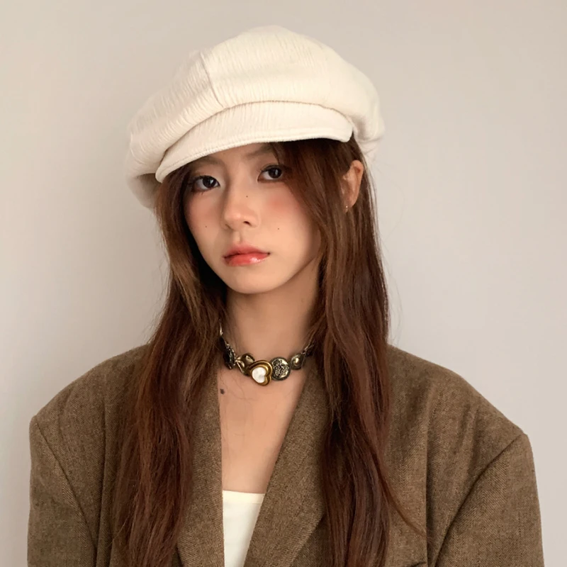 Ins Retro Brown Corduroy Berets Caps for Women Spring and Autumn Travel Casual Versatile Literary Show Face Small Octagonal Hat