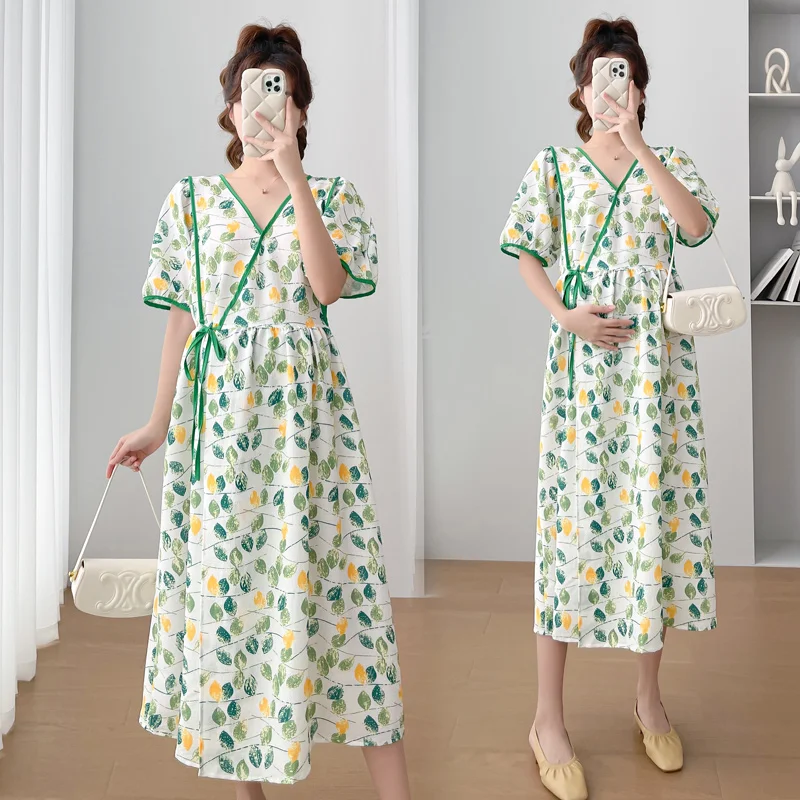 vestido-de-maternidad-y-lactancia-holgado-para-mujer-diseno-floral-cuello-cruzado-en-v-cintura-alta-postparto-verde-verano-2026