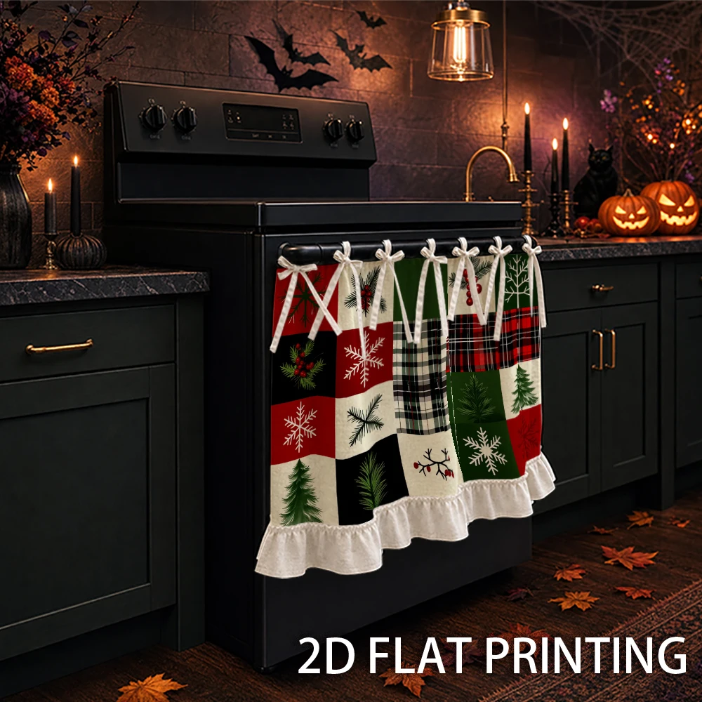 1PC Christmas kitchen stove curtain-cabinet curtain-apron. Printed with snowflakes, pines, berries and plaids. Can be used as a