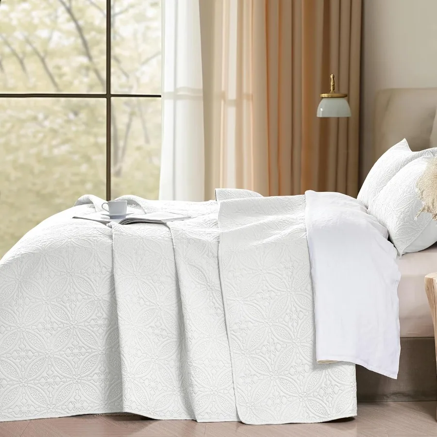 풀 퀸 퀼트 세트 화이트 마이크로파이버 경량 침대보 사계절용 초음파 엠보싱 솔리드 커버렛 부드러운 촉감