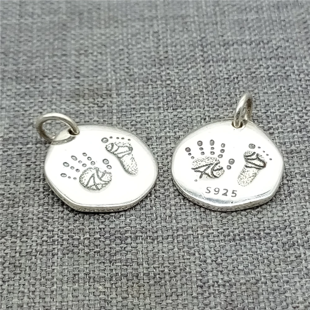 1 Piece Footprint and Handprint Hexagon Charm Double Sided in 925 Sterling Silver for Bracelet and Necklace Making