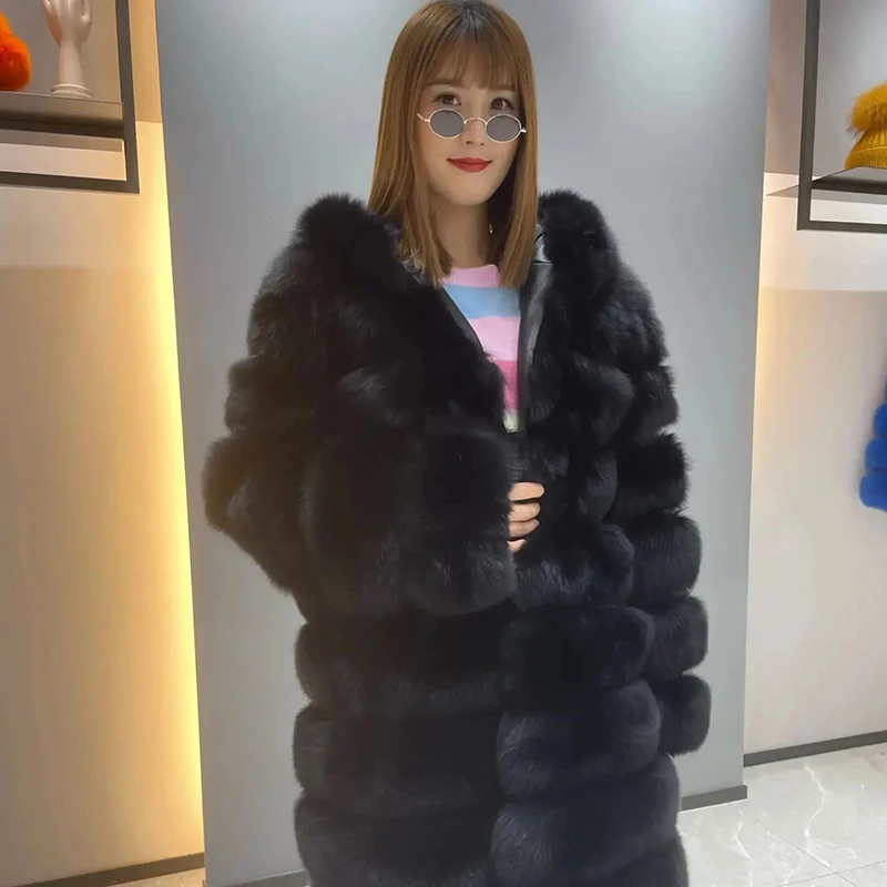 Natural Fox Fur Outertwear Lady Streetwear Hooded Horizontal Bar Jacket Winter Thicken Cozy Genuine Fox Real Fur Coat Female