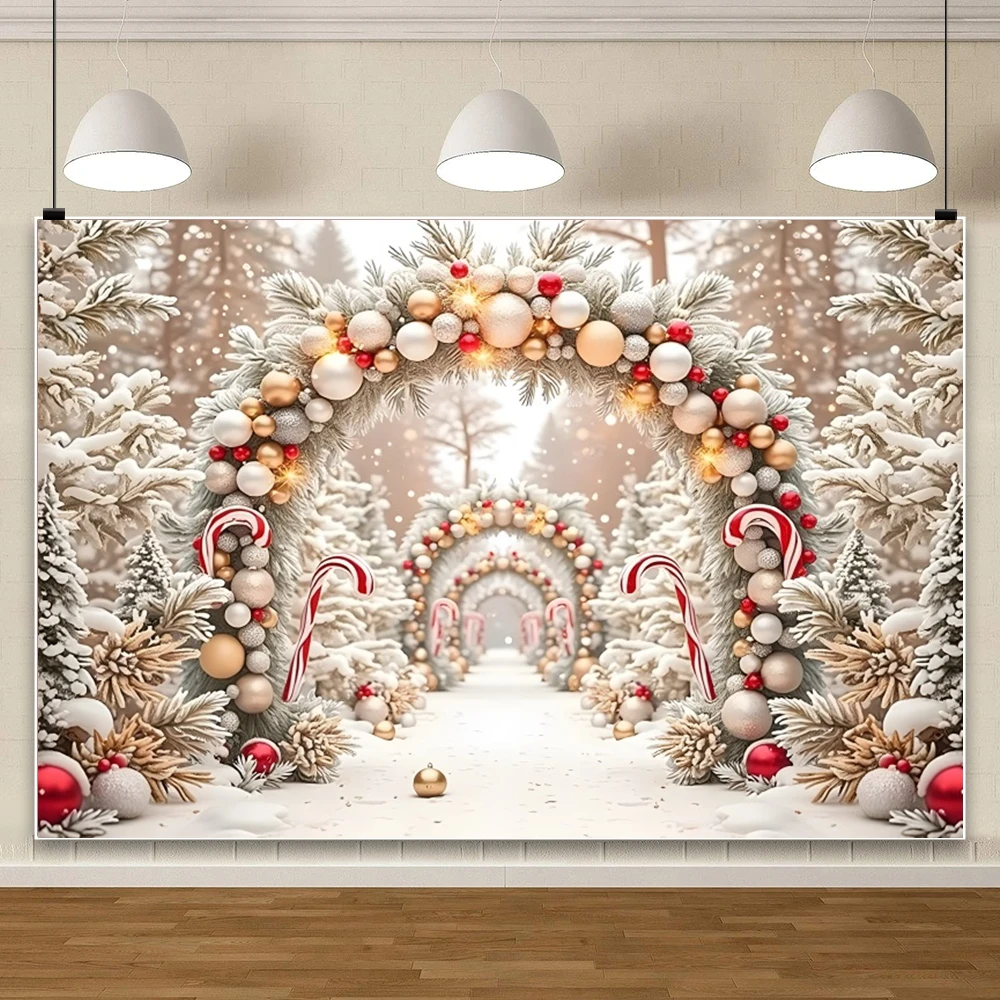 Christmas Decorations Arch Photograph Backdrop Ornaments Candy Canes Snowy Trees Children Adults Photo Studio Xmas Event Decor
