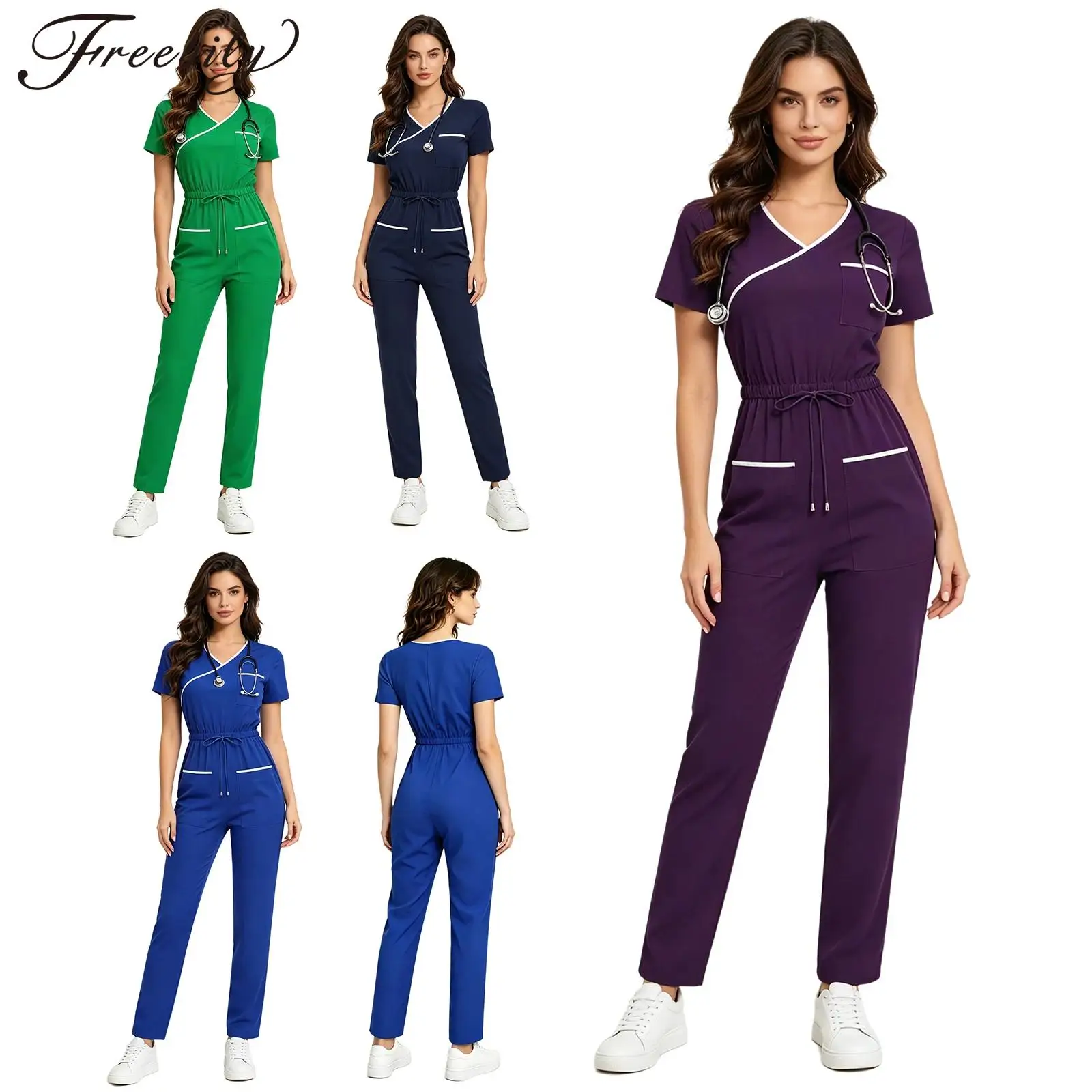 

Women Short Sleeve Scrubs Jumpsuit with Pockets Drawstring Back Zipper Rompers One Piece Nurse Doctor Medical Workwear