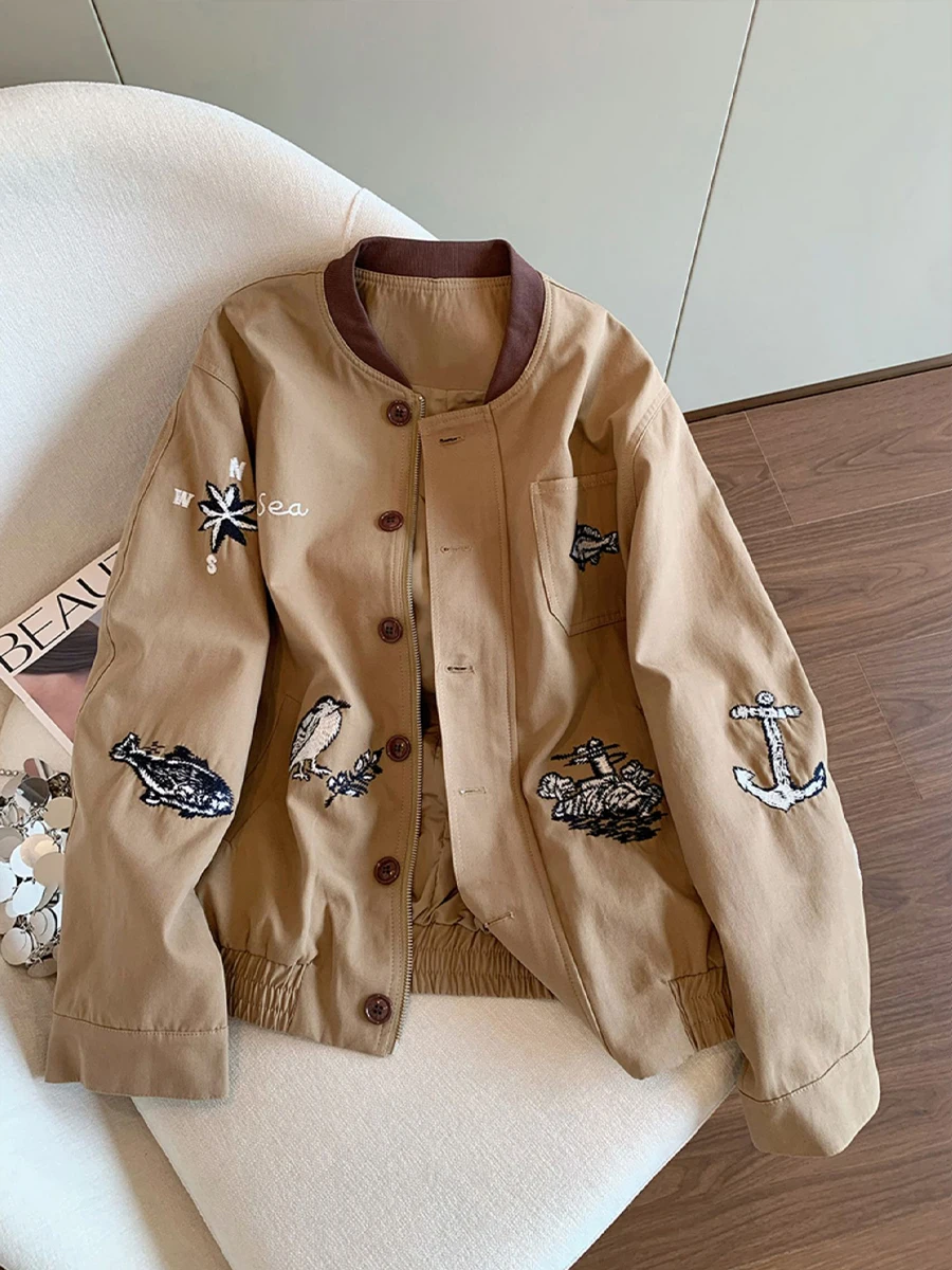 

Женская куртка с ретро-принтом и воротником-стойкой на одной пуговице, весенне-осенняя, маленького размера, универсальная повседневная куртка-топ