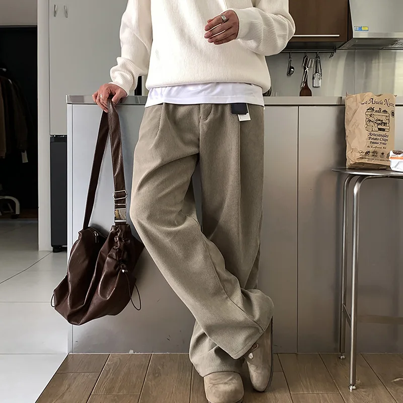 

Spring Men's Dark Khaki Solid Color Loose Casual Trendy Simple Basic Wide Leg Straight Corduroy Trousers Male New Fashion Pants