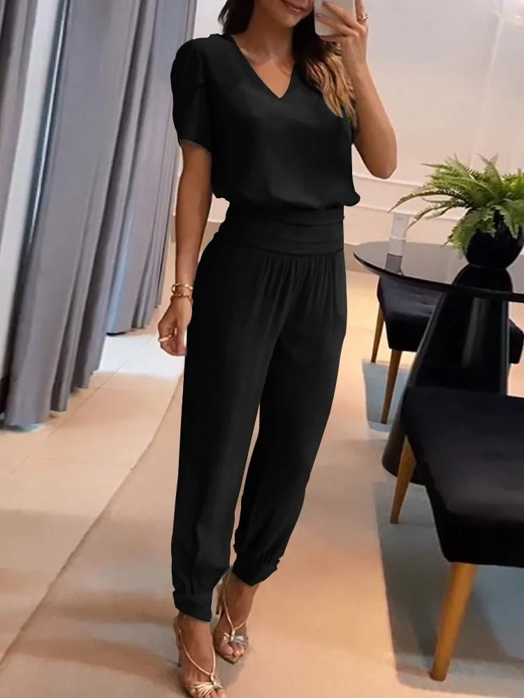 

Женский комплект из двух предметов, брюки с короткими рукавами и v-образным вырезом с принтом, наряды из двух предметов, модный повседневный простой стиль, темперамент, модный