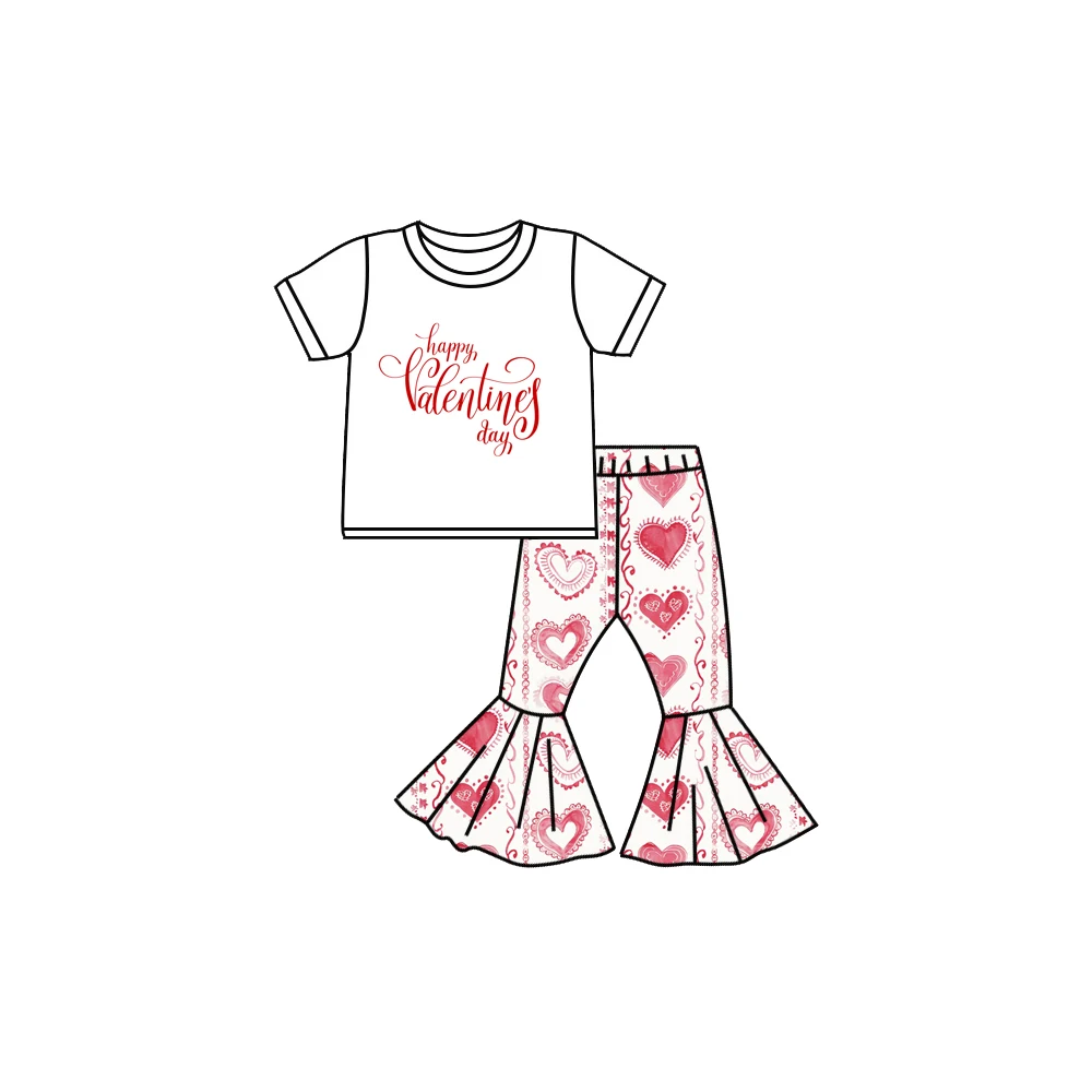 طقم ملابس أطفال مطبوعة على شكل قلب على شكل بيضة عيد الحب وعيد الفصح بأكمام قصيرة وسراويل واسعة من حرير الحليب الناعم المخصص