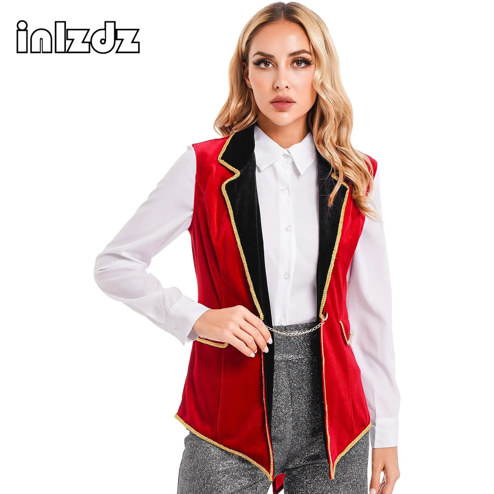 

Womens Halloween Circus Ringmaster Cosplay Costume Lapel Sleeveless Velvet Jacket Tailcoat Showman Ringleader Waistcoat Outfit