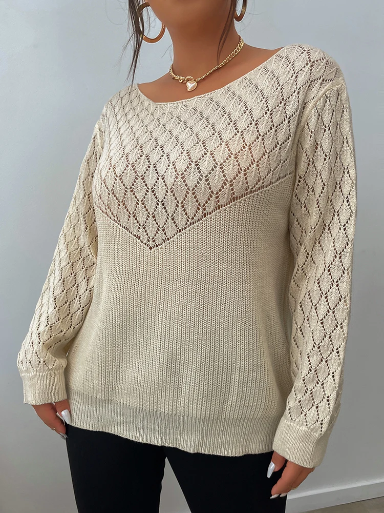 ONELINK Plus Size Women Autumn Woolen Sweater Pullover Big O Neck Argyle Knit Light Khaki Beige White Long Sleeves Large Tops