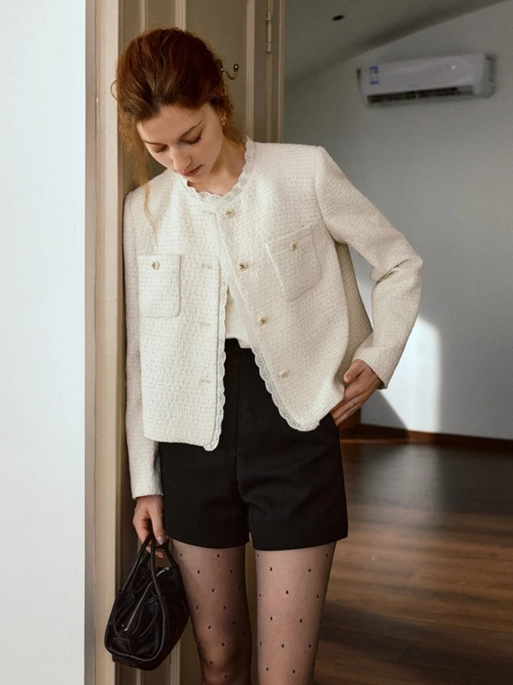 

OLrain French Short Coat Woman Casual Solid Lace O-Neck Placket Jackets 2025 Autumn New Arrival Female clothing GO57QW000258