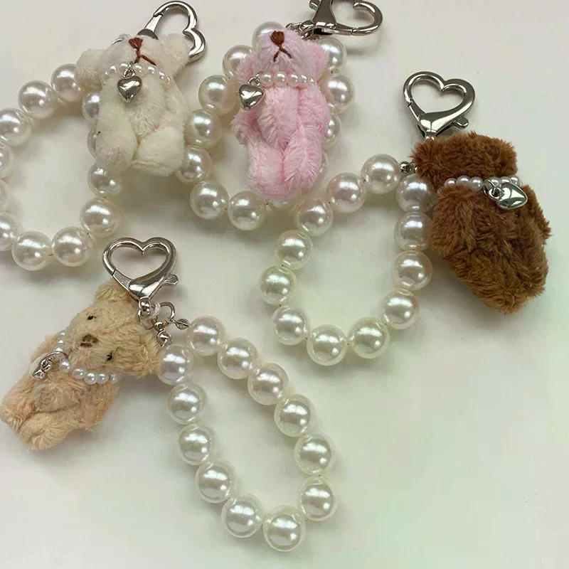 Cute Plush Teddy Bear Pearl Bag Charm Women's Handbag Cell Phone Chain Keychain Pendant Heart-shaped Charm DIY Earphone Case