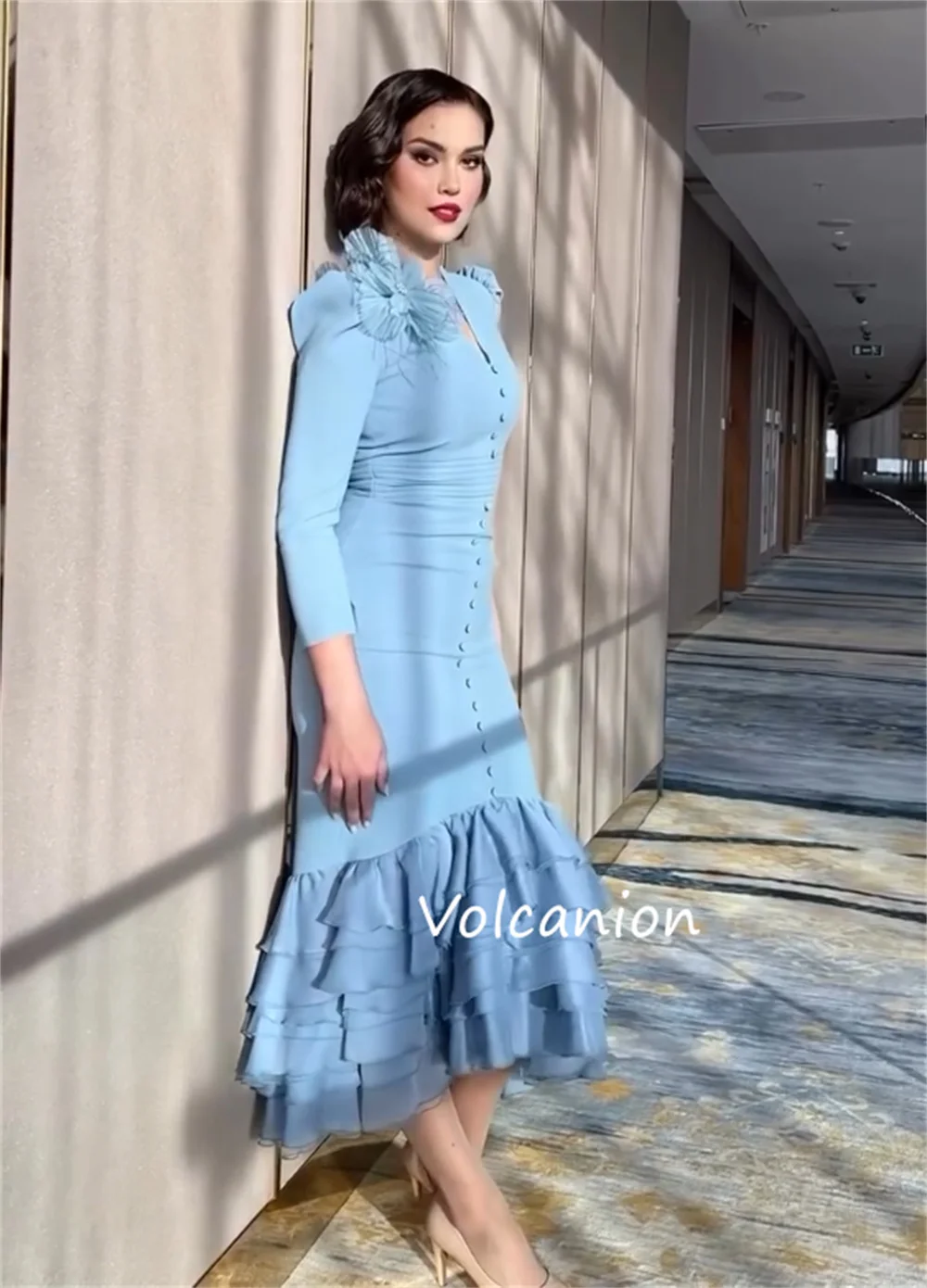Vestidos Midi con cuello en V de sirena, apliques de botones de Jersey personalizados, ocasión a medida, moda de noche, Formal elegante