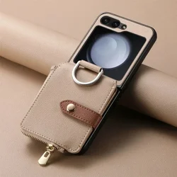 Ring Phone Case with Card Slot Holder for Samsung Z Flip 6 5 4 3 Flip6 Flip5 Flip4 Flip3 5G Zipper Wallet Purse PU Leather Cover