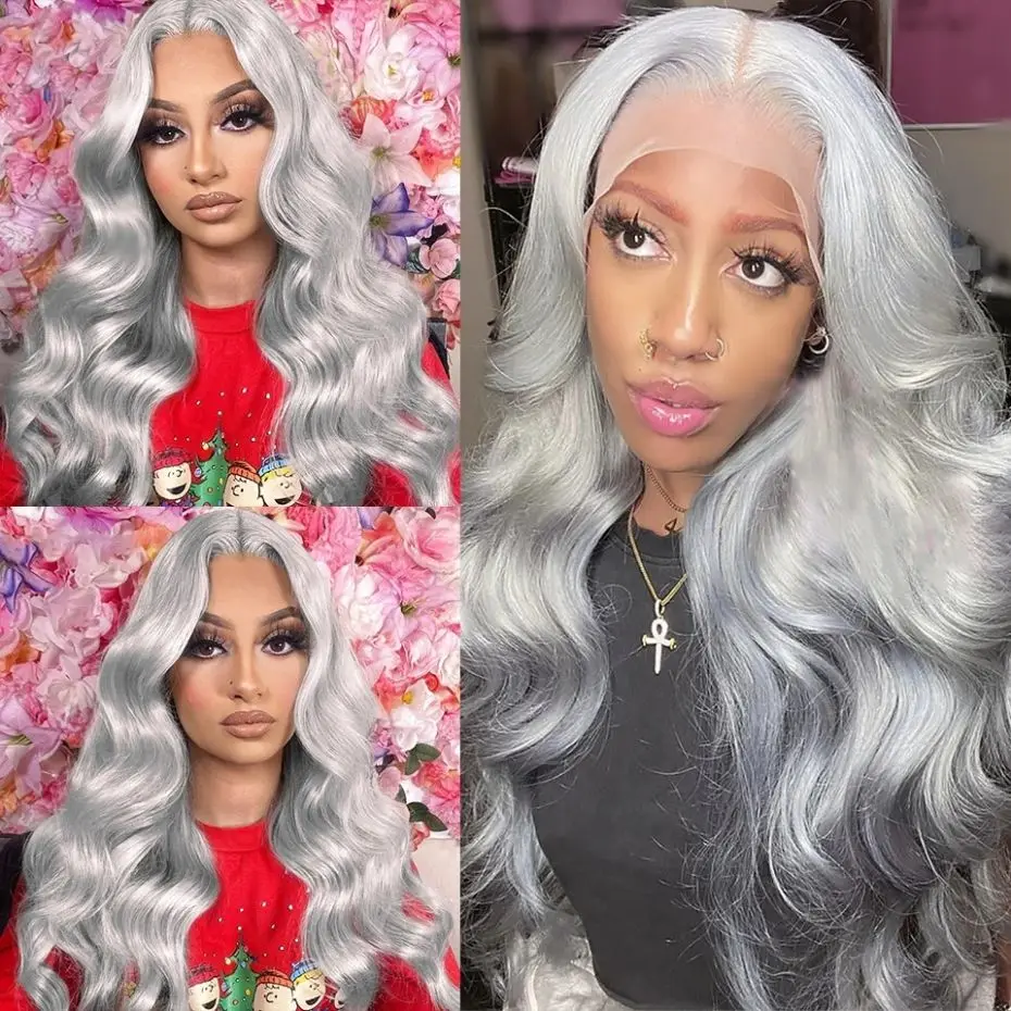 32 Inch Silver Grey Colored 13x4 HD Transparent Body Wave Lace Front Wigs Brazilian Human Hair 13x6 Lace Frontal Wigs For Women