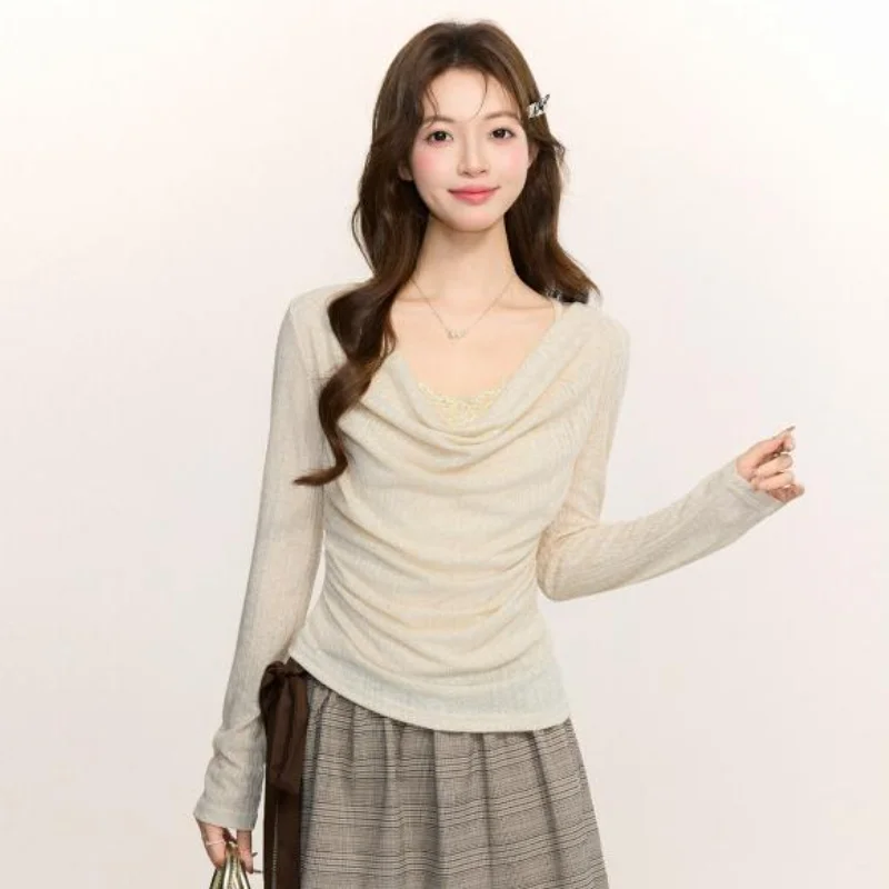 

Женская футболка с длинным рукавом и кружевными вставками, имитирующая двухслойность, с воротником-стойкой, коллекция Весна-Лето 2026