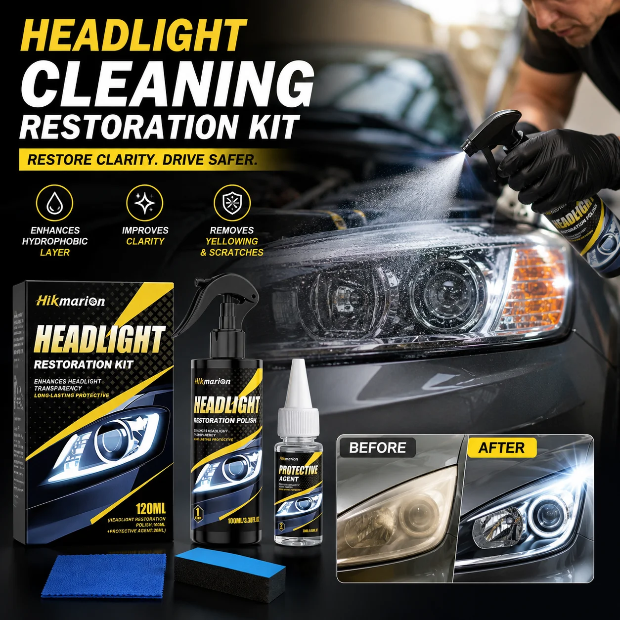 Headlight Cleaning Kit Remove Scratch Improve Yellowing Oxidation & Hazy Lighting Enhance Clarity Headlight Restoration Polish
