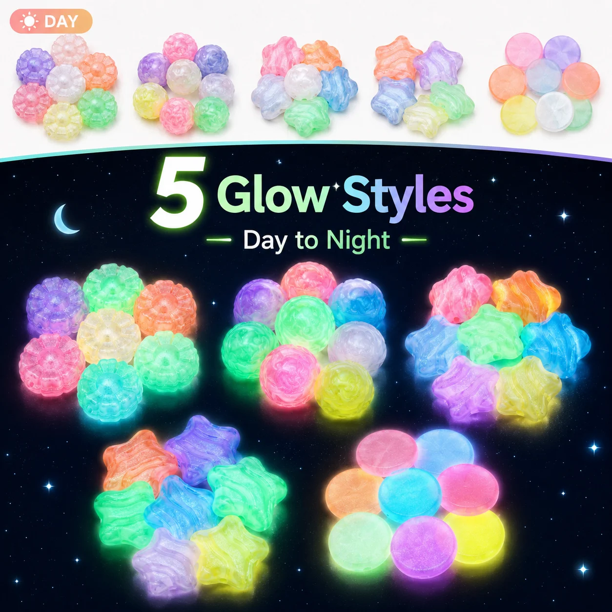 5Pcs Glow Beads 5 Styles Flower/Rose/Star/Round 16-20mm Glitter Acrylic Loose Beads Handmade Jewelry Making DIY Craft Supplies