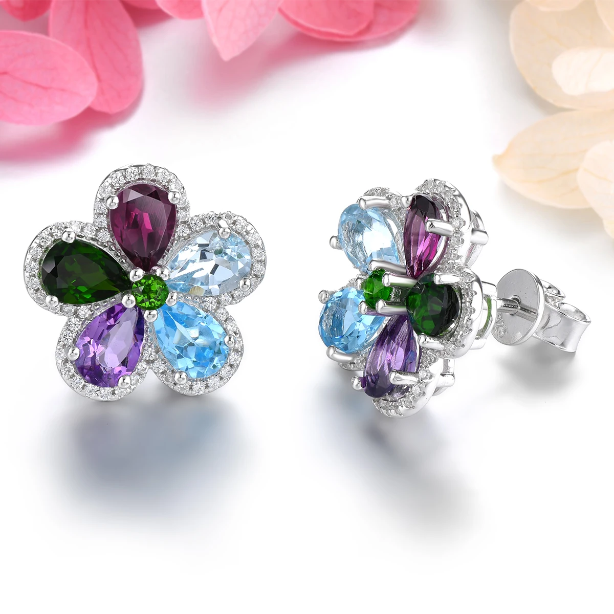 Natural Blue Topaz Amethyst Sterling Silver Stud Earring 4.6 Carat Genuine Multicolor Gemstone Flower Design S925 Rhodium Plated