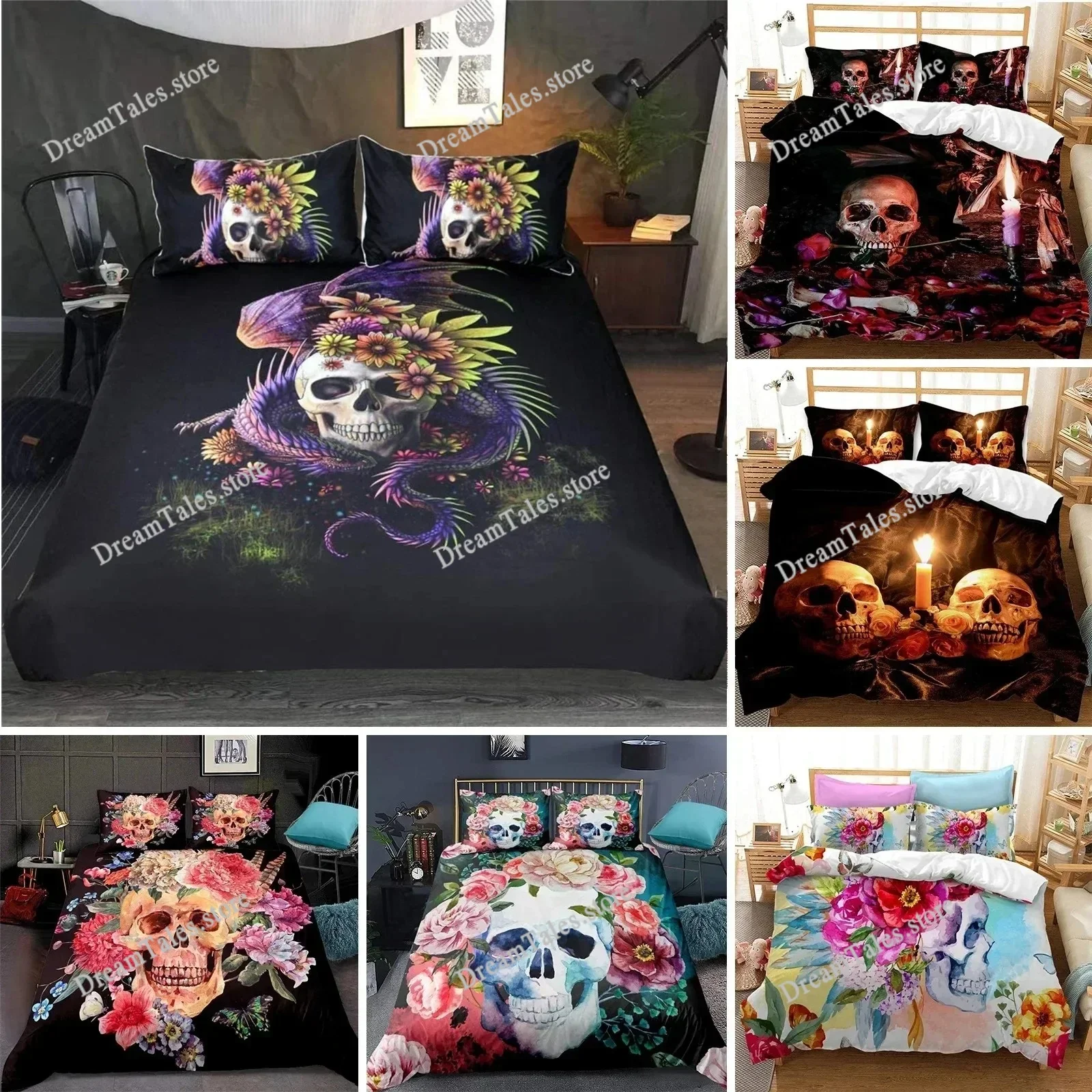 

3D Sugar Skull Comforter Cover Set Twin Size Flowers Print Bedding Set Black Microfiber Polyester Duvet Cover Set