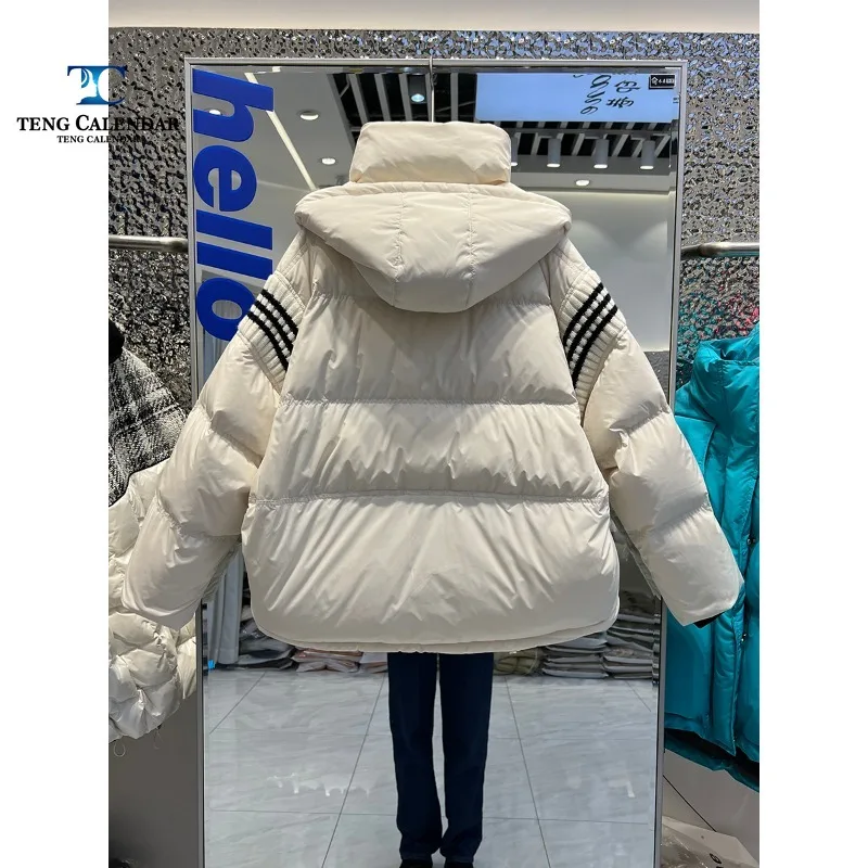 Women's Medium to Long Down Jacket, Loose Knitted Sleeves, CP Letter Hooded, Thick White Duck Down Coat, Winter, 2024