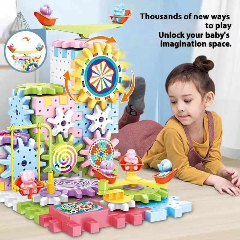 1 Set Montessori Block Bricks Toy For Children Versatile Electric Rotating Gear Building Block Toys Boys Girl Birthday Gifts