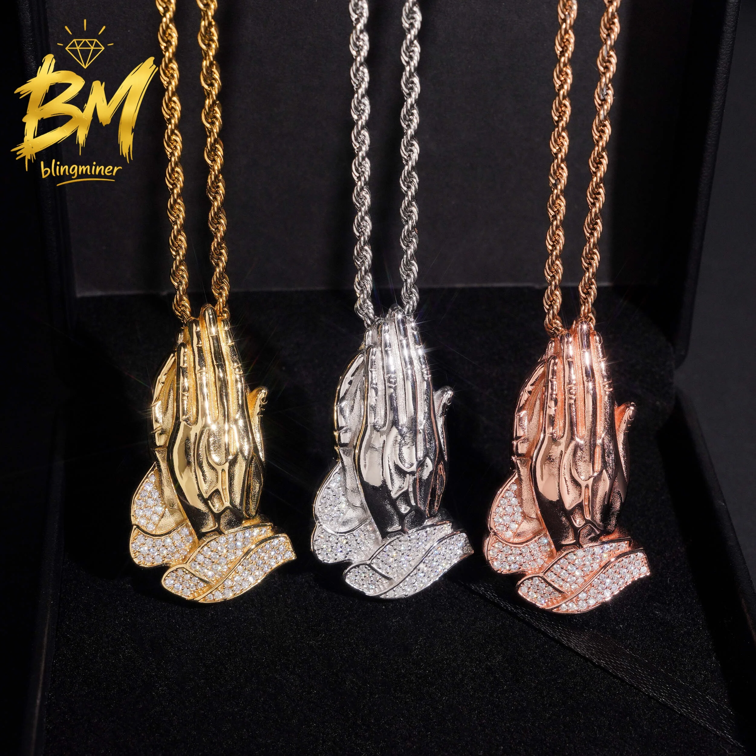 Blingminer Iced Out Praying Hand S925 Silver VVS Moissanite Pendant For Men Women Pendants Jewelry Pass Diamonds Tester GRA