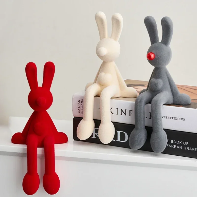 New Nordic Sitting Long Eared Rabbit Flocking Figurine TV Wine Cabinet Modern Art Decoration Home Desktop Porch Sculpture Crafts