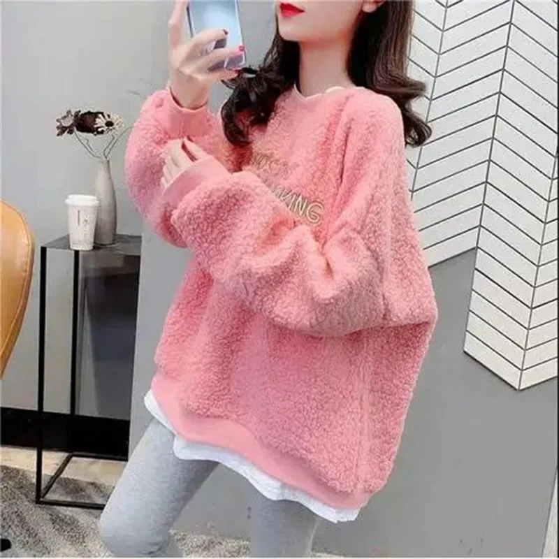 

Embroidered Letter Splicing Fake Two Piece Wool Women's Hoodie Autumn Winter Casual Fashion Thicken Add Velvet Hoodies for Women