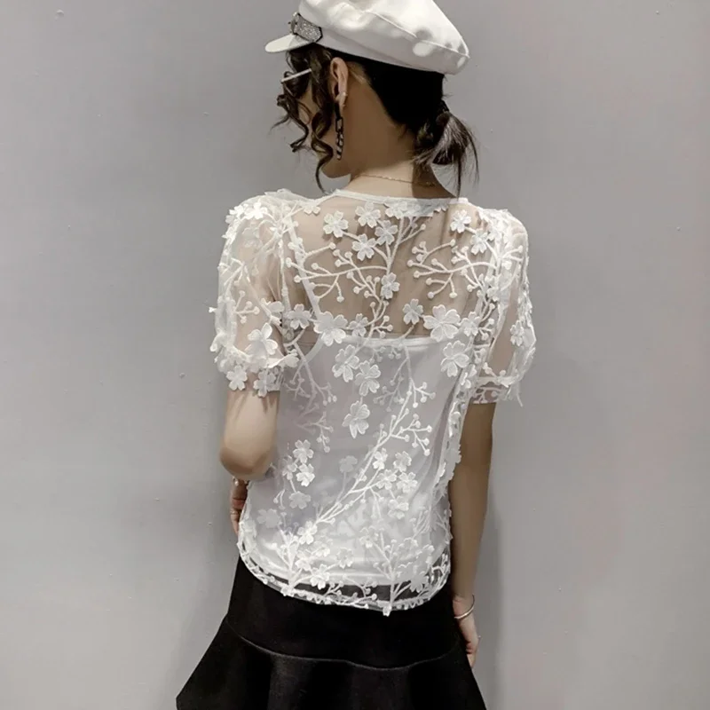 Vintage Lace Blouses Womens 2024 Summer Fashion Elegant White Blusas Mujer Casual V Neck See Through Sexy Puff Sleeve Y2k Tops