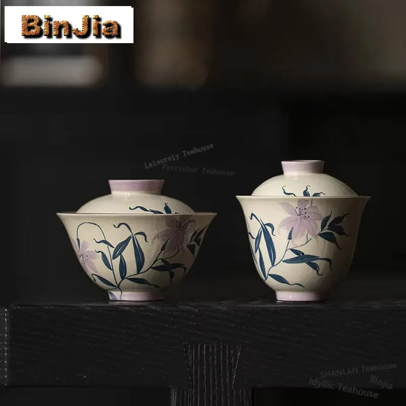 Boutique Hand-painted Flower Cover Bowl Handmade Make Up Mud Gaiwan Vintage Tea Tureen Tea Making Cover Bowl Cafes Decoration