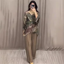 Women's Suits Fashion Hand-painted Printed Shirt Top Wide Leg Pants Two-piece Set Autumn Winter Retro Elegant Female Outfits