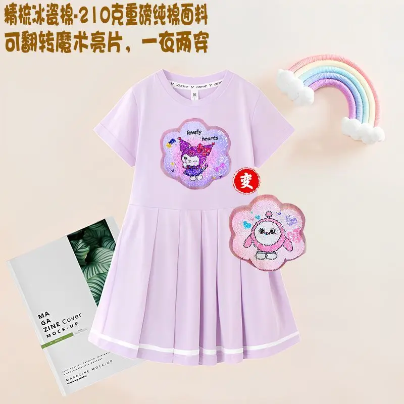 

Kawaii Kuromi Girls Short Sleeve Pleated Skirt 2024 Sanrio Anime Cinnamoroll My Melody Babys Summer Princess Clothes Kid Gift