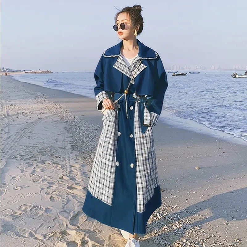 2024 autunno Vintage lungo Plaid Trench donna doppio petto manica lunga risvolto femminile giacca a vento Casual antivento capispalla