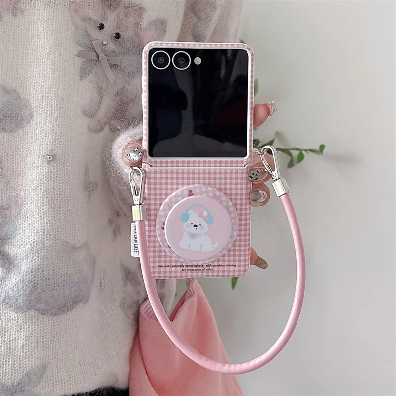 

Fashion Plaid Pattern Magnetic Phone Case For Samsung Galaxy Z Flip 7 6 5 ZFlip6 ZFlip5 Cover with Stand Hand Rope For Magsafe