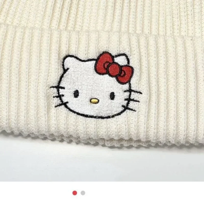 Gorro de ganchillo de Hello Kitty para mujer, gorros de punto de lana cálida, Color sólido, salvaje, invierno y otoño