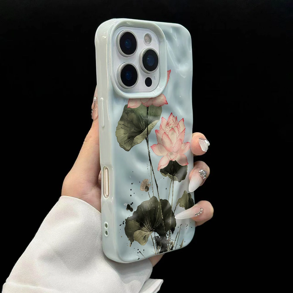 Koreanische Frühlingslotus-Druck-Handyhülle für iPhone 17 16 15 14 13 12 11 Pro Max 14 Plus 17Air Faltenwellen-Soft-Silikonhülle – Detail 10