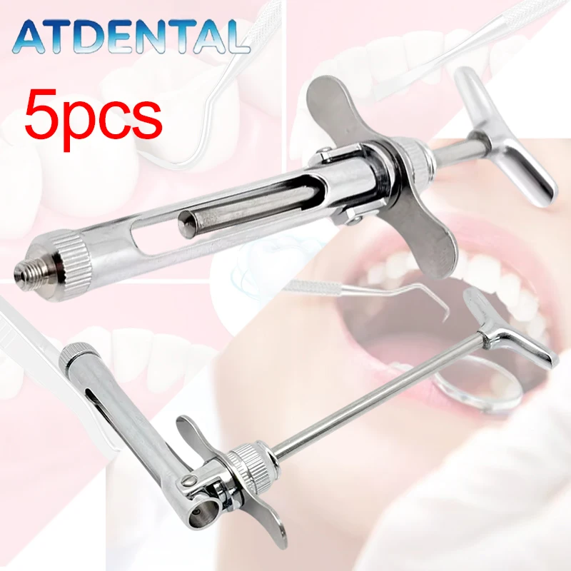 5pcs Stainless Steel Syringe Dental 2.2ml Press Controlled Injection Oral Periodontics