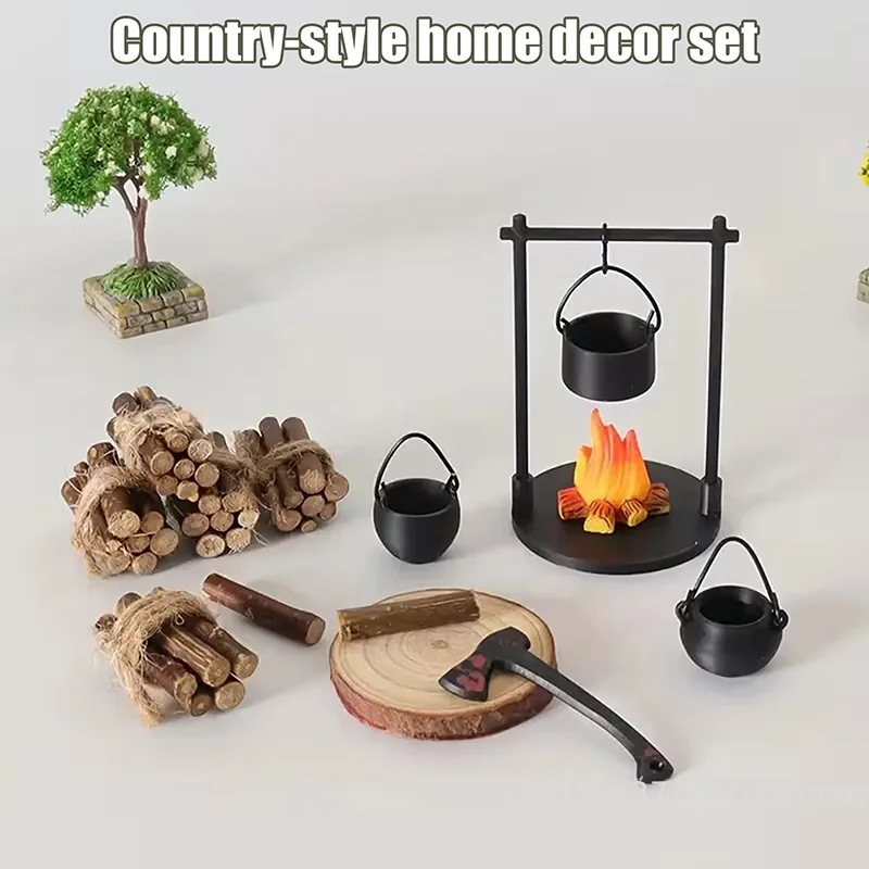 Moderne Fantasy-Themen-Miniaturskulptur-Dekorationen, Miniatur-Lagerfeuer und Teekanne, DIY-Bastelzubehör für Haus und Küche