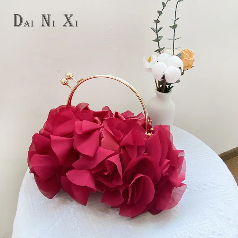 Dai Ni Xi Luxury Silks Flower Clutch Tote Bag Ladies Bridal Handbag manico in metallo borsa da sposa in raso da donna