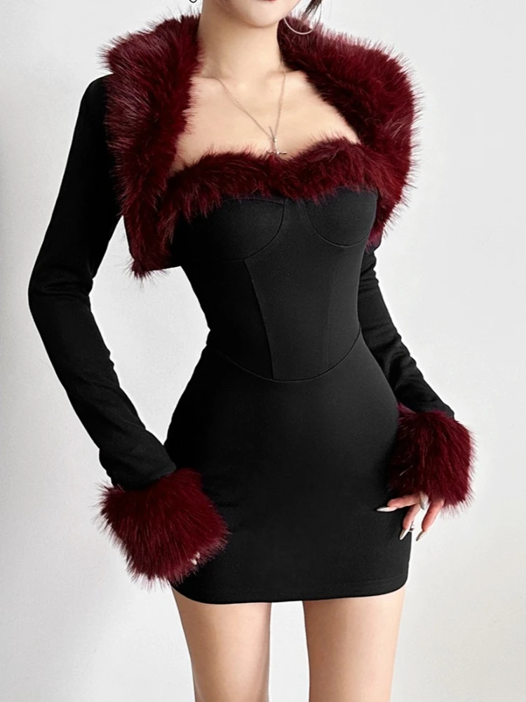 

SsTss 2025 Осень Зима Комплект из 2 предметов Женская мода Мини-платье без бретелек с отделкой из искусственного меха и короткое пальто с длинными рукавами Костюмы